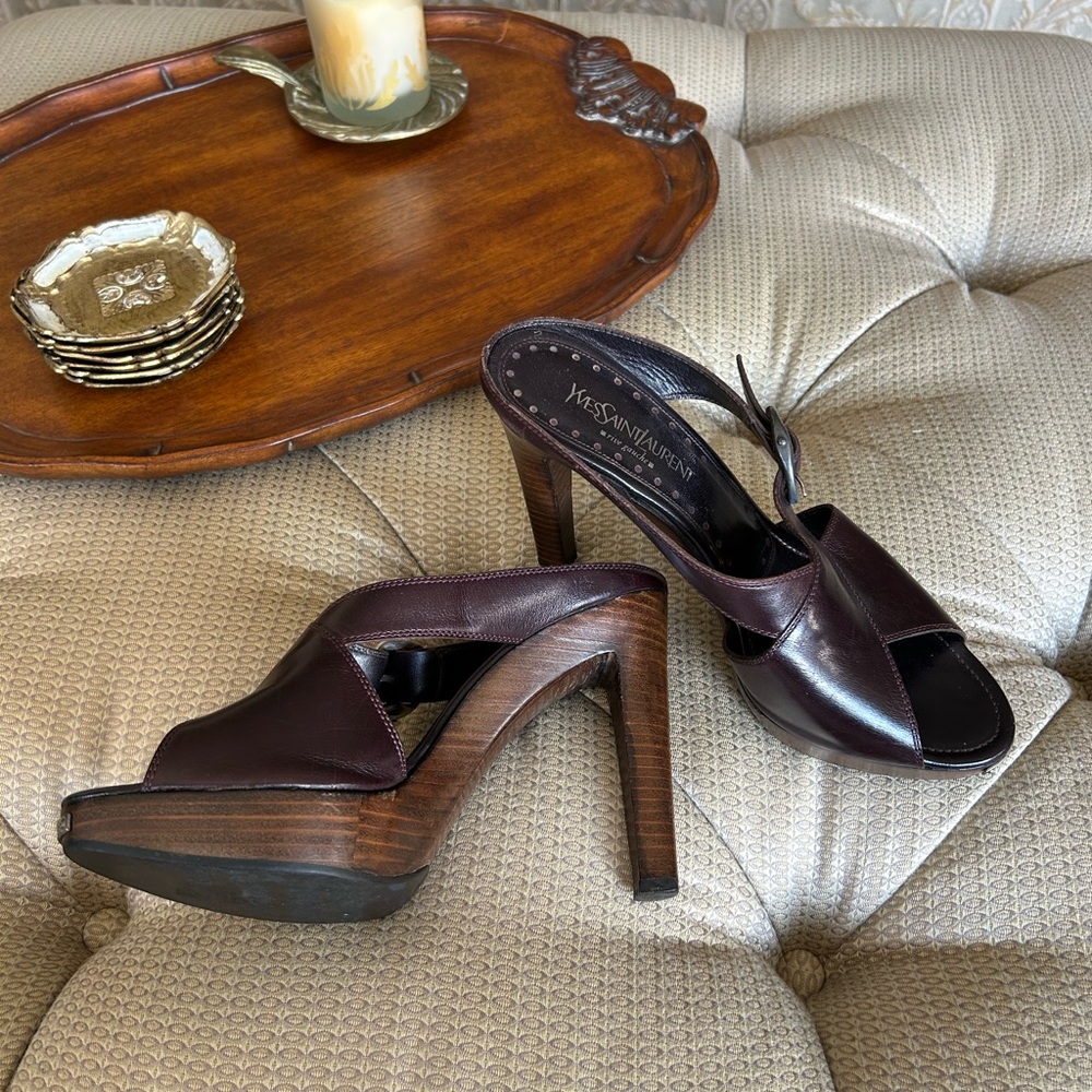 Yves Saint Laurent Women's Brown / Burgundy Wooden Heeled Sandals Size 9 - Picture 12 of 13